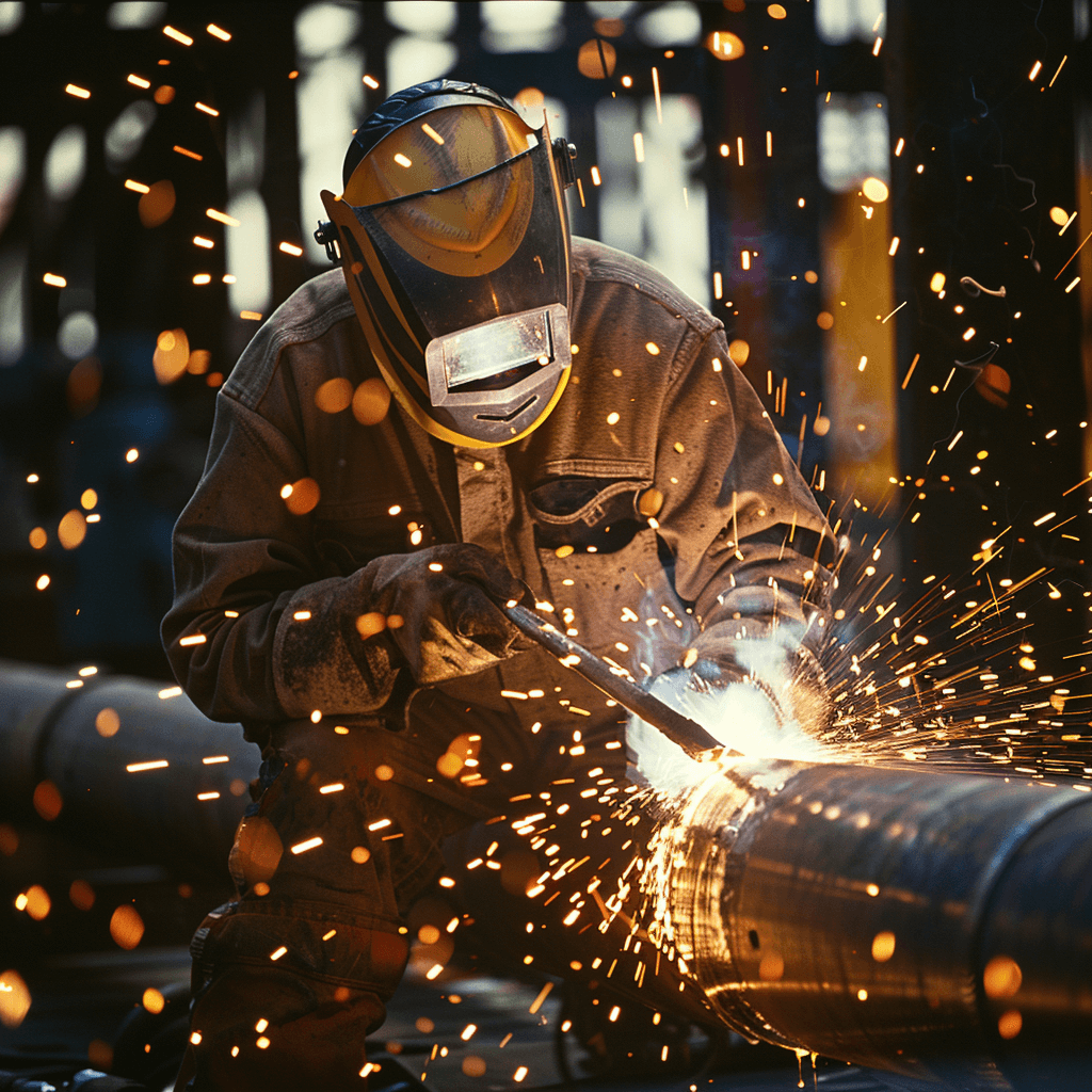 A_worker_is_welding_a_steel_pipe_with_sparks_flying